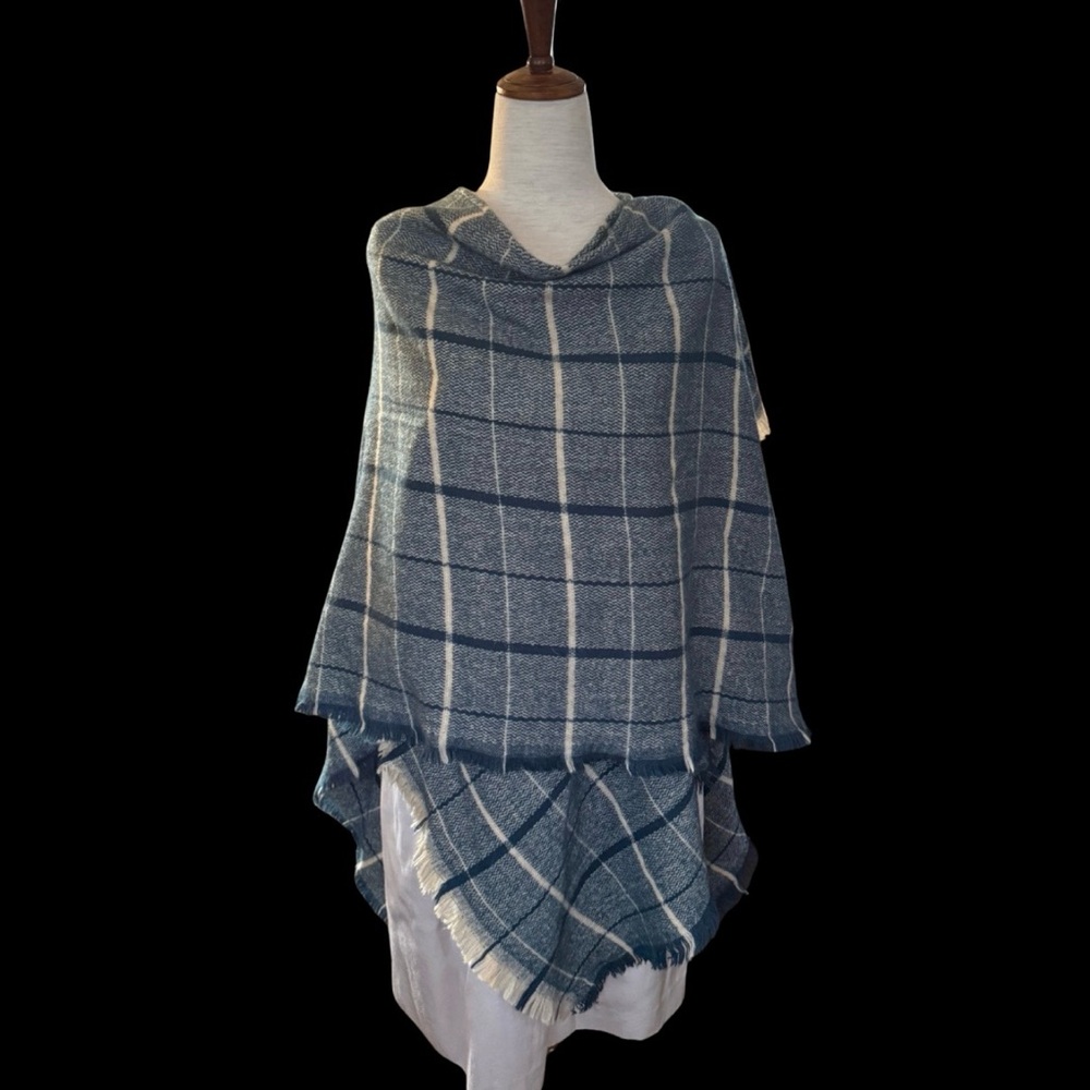 Wool Blend‎ Teal Blue & Beige Window Pane Fringe Trim Wrap Sweater Poncho One Sz